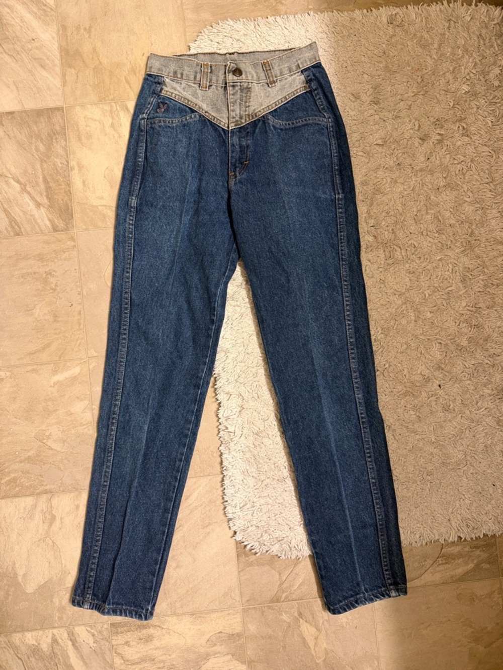 PLAYBOY PLAYMATE x VINTAGE 80's 2 tone denim jeans high rise playboy logo USA